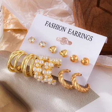 6 Pairs Stone & Pearl Work Earrings Set 